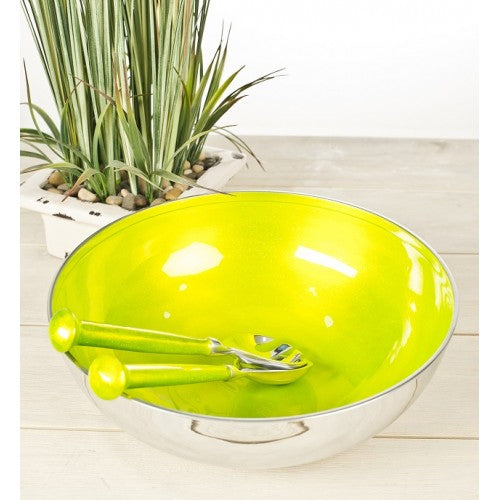 Enamel Aluminium Salad Bowl with servers, Lime glitter,30 x 30 x 10 cm