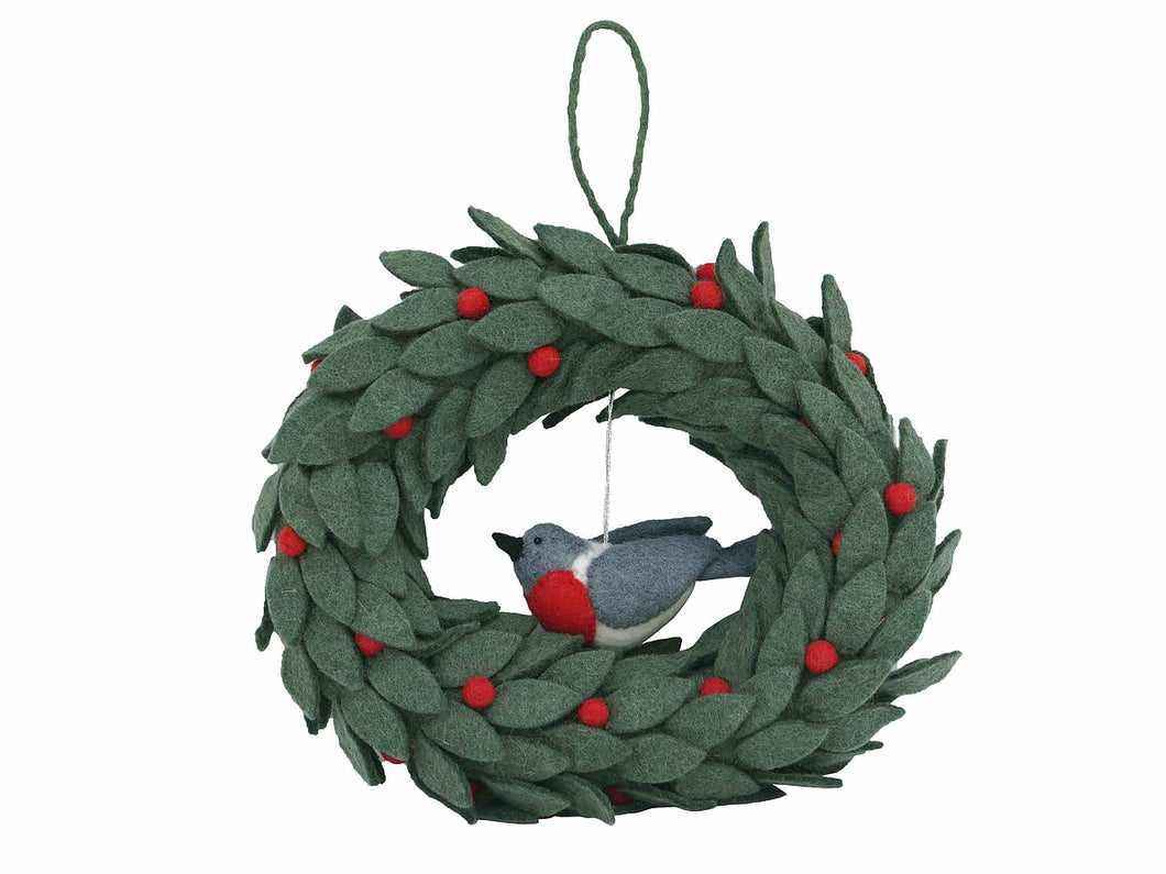 Felted wool Traditional Christmas Robin Wreath ethically made in Nepal