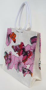 Pink Flowers and Butterfly Jute Shopping Bag-Eco friendly