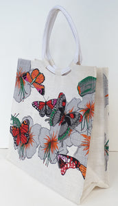 Grey Flowers and Butterfly Jute Shopping Bag-Eco friendly