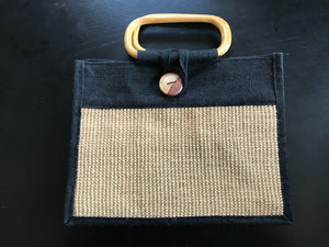eco friendly Black & Tan Hessian bag with bamboo style handles & tan lining.