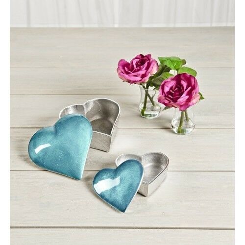 Enamelled Aluminium Heart Shaped Trinket Box  - set of 2  in Aqua