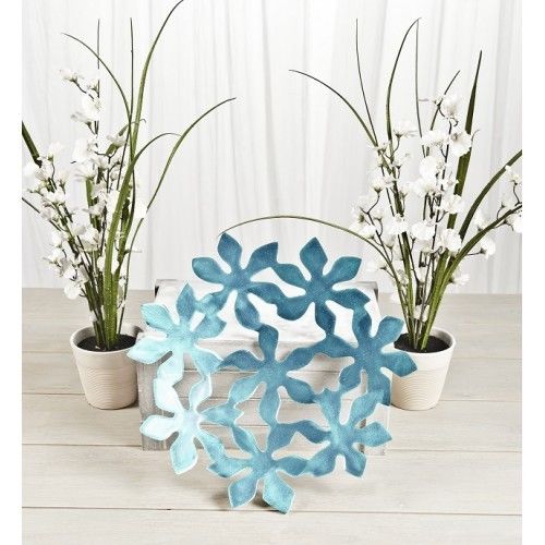 Enamel Aluminium Flower Cut out Dish- Aqua  glitter finish 34cm